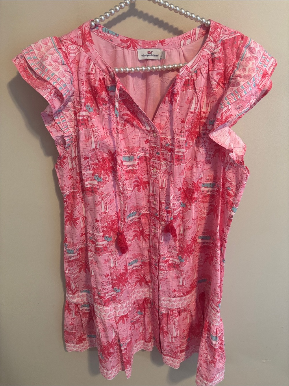 Vineyard Vines Pink Palm Tree Toile Tiered Flutter Sleeve Dress Large Cotton